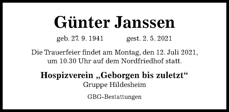  Traueranzeige für Günter Janssen vom 10.07.2021 aus Hildesheimer Allgemeine Zeitung