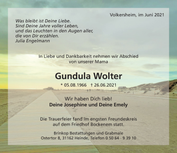 Traueranzeige von Gundula Wolter von Hildesheimer Allgemeine Zeitung