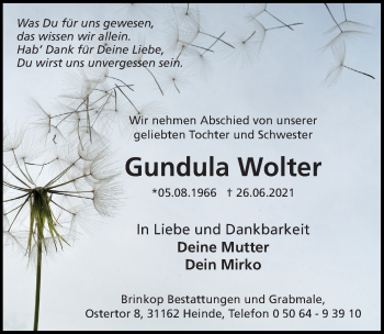Traueranzeige von Gundula Wolter von Hildesheimer Allgemeine Zeitung