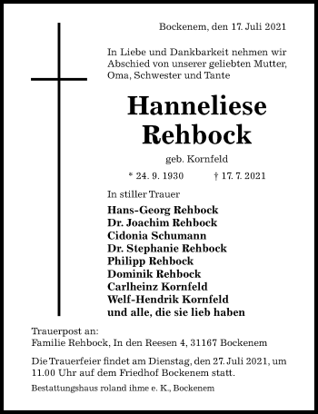 Traueranzeige von Hanneliese Rehbock von Hildesheimer Allgemeine Zeitung
