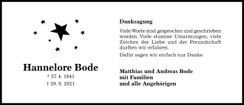 Traueranzeige von Hannelore Bode von Hildesheimer Allgemeine Zeitung