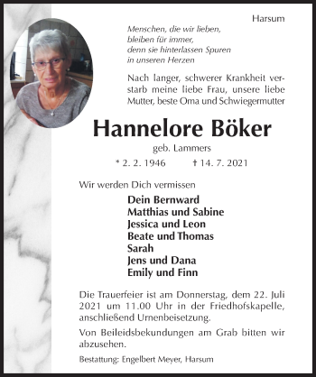 Traueranzeige von Hannelore Böker von Hildesheimer Allgemeine Zeitung
