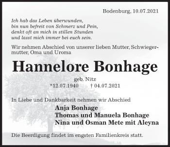 Traueranzeige von Hannelore Bonhage von Hildesheimer Allgemeine Zeitung