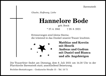 Traueranzeige von Hannelore Bode von Hildesheimer Allgemeine Zeitung