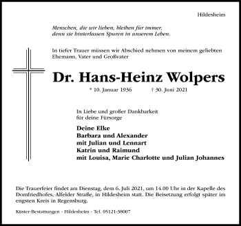 Traueranzeige von Hans-Heinz Wolpers von Hildesheimer Allgemeine Zeitung
