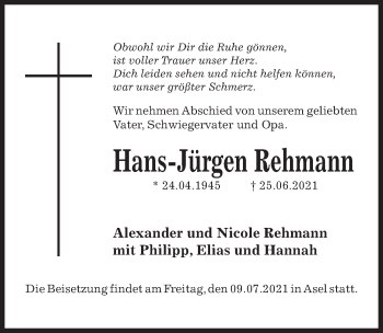 Traueranzeige von Hans-Jürgen Rehmann von Hildesheimer Allgemeine Zeitung
