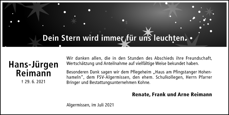  Traueranzeige für Hans-Jürgen Reimann vom 28.07.2021 aus Hildesheimer Allgemeine Zeitung