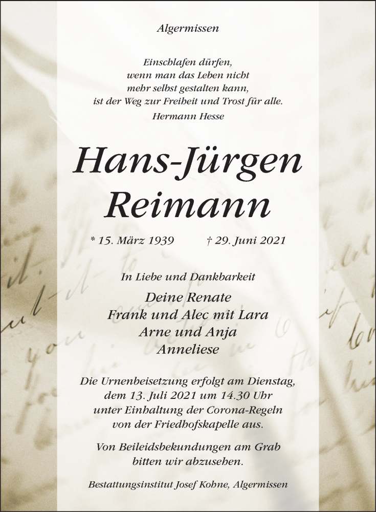 Traueranzeige für Hans-Jürgen Reimann vom 07.07.2021 aus Hildesheimer Allgemeine Zeitung