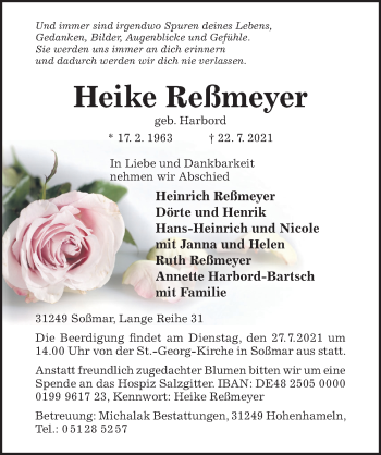 Traueranzeige von Heike Reßmeyer von Hildesheimer Allgemeine Zeitung