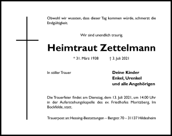 Traueranzeige von Heimtraut Zettelmann von Hildesheimer Allgemeine Zeitung