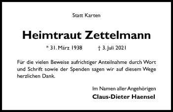Traueranzeige von Heimtraut Zettelmann von Hildesheimer Allgemeine Zeitung