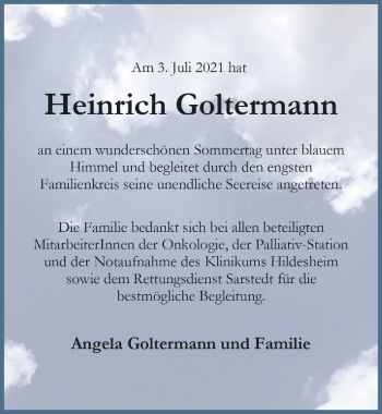 Traueranzeige von Heinrich Goltermann von Hildesheimer Allgemeine Zeitung