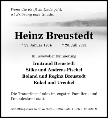 Traueranzeige von Heinz Breustedt von Hildesheimer Allgemeine Zeitung