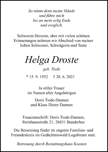 Traueranzeige von Helga Droste von Hildesheimer Allgemeine Zeitung