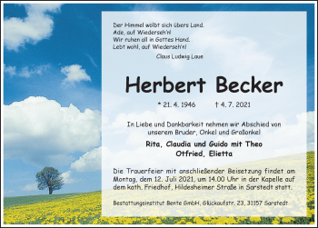 Traueranzeige von Herbert Becker von Hildesheimer Allgemeine Zeitung