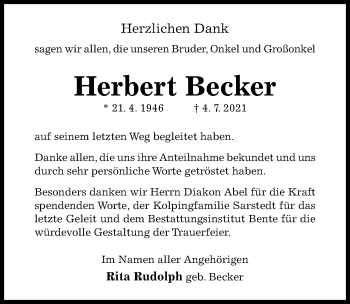 Traueranzeige von Herbert Becker von Hildesheimer Allgemeine Zeitung