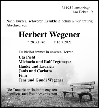 Traueranzeige von Herbert Wegener von Hildesheimer Allgemeine Zeitung