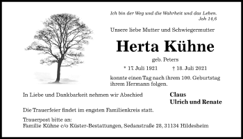 Traueranzeige von Herta Kühne von Hildesheimer Allgemeine Zeitung