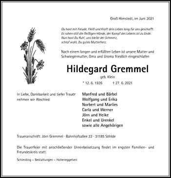 Traueranzeige von Hildegard Gremmel von Hildesheimer Allgemeine Zeitung