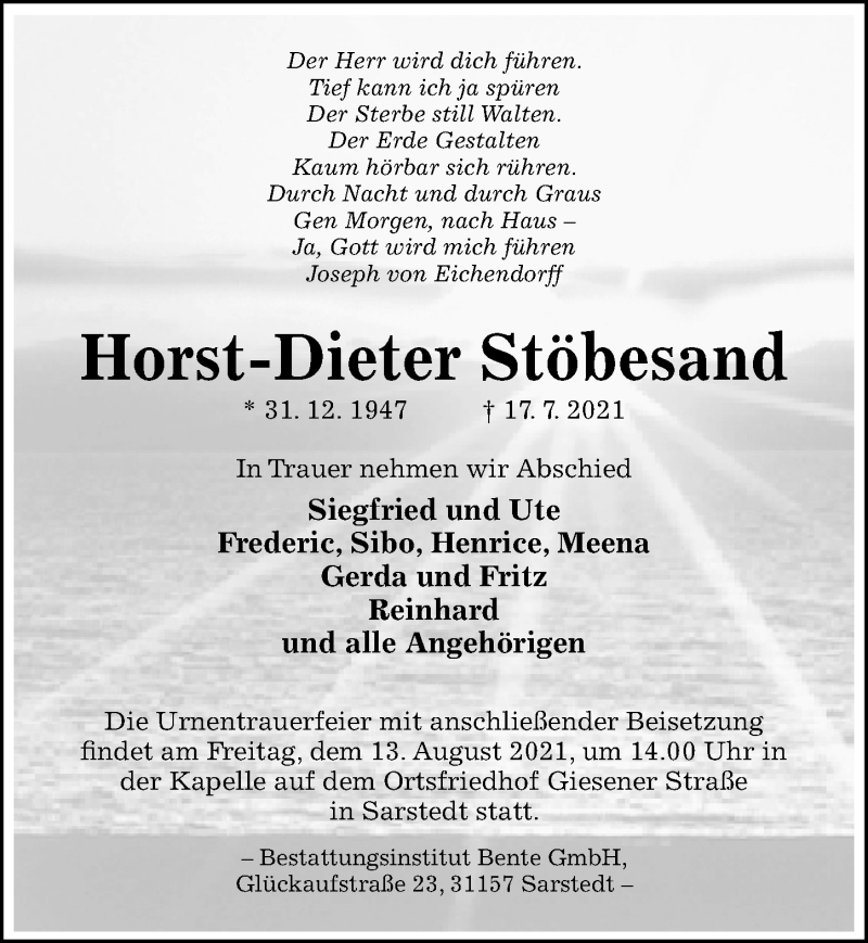  Traueranzeige für Horst-Dieter Stöbesand vom 22.07.2021 aus Hildesheimer Allgemeine Zeitung