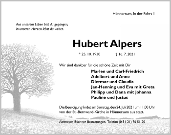 Traueranzeige von Hubert Alpers von Hildesheimer Allgemeine Zeitung