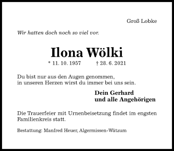 Traueranzeige von Ilona Wölki von Hildesheimer Allgemeine Zeitung