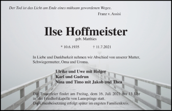 Traueranzeige von Ilse Hoffmeister von Hildesheimer Allgemeine Zeitung