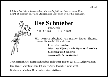 Traueranzeige von Ilse Schnieber von Hildesheimer Allgemeine Zeitung