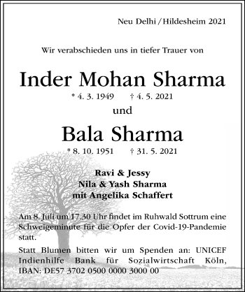 Traueranzeige von Inder Mohan Sharma von Hildesheimer Allgemeine Zeitung
