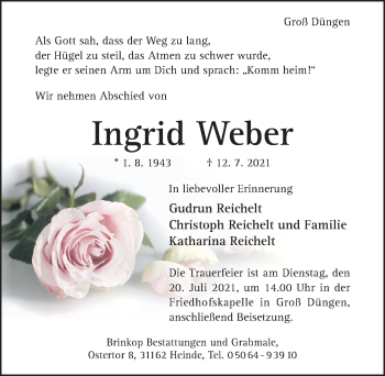 Traueranzeige von Ingrid Weber von Hildesheimer Allgemeine Zeitung