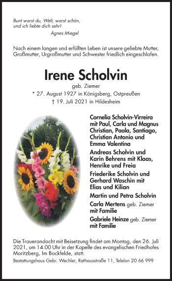 Traueranzeige von Irene Scholvin von Hildesheimer Allgemeine Zeitung