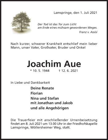 Traueranzeige von Joachim Aue von Hildesheimer Allgemeine Zeitung