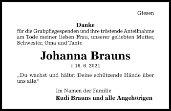 Traueranzeige von Johanna Brauns von Hildesheimer Allgemeine Zeitung