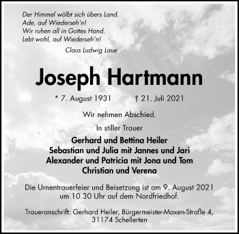Traueranzeige von Joseph Hartmann von Hildesheimer Allgemeine Zeitung
