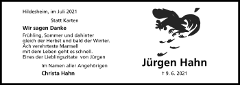 Traueranzeige von Jürgen Hahn von Hildesheimer Allgemeine Zeitung