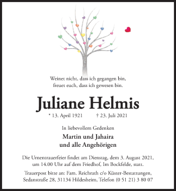 Traueranzeige von Juliane Helmis von Hildesheimer Allgemeine Zeitung