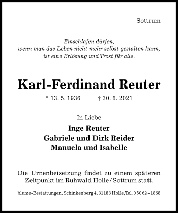 Traueranzeige von Karl-Ferdinand Reuter von Hildesheimer Allgemeine Zeitung