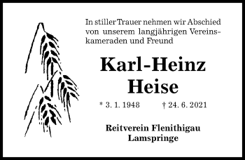 Traueranzeige von Karl-Heinz Heise von Hildesheimer Allgemeine Zeitung