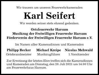 Traueranzeige von Karl Seifert von Hildesheimer Allgemeine Zeitung