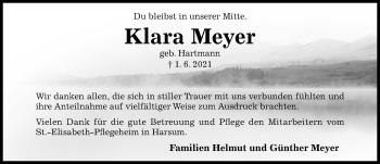 Traueranzeige von Klara Meyer von Hildesheimer Allgemeine Zeitung