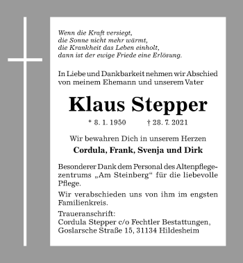 Traueranzeige von Klaus Stepper von Hildesheimer Allgemeine Zeitung