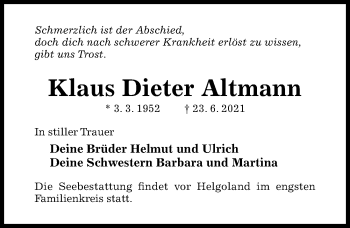 Traueranzeige von Klaus Dieter Altmann von Hildesheimer Allgemeine Zeitung