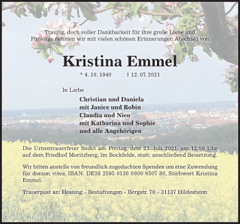 Traueranzeige von Kristina Emmel von Hildesheimer Allgemeine Zeitung