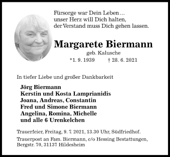 Traueranzeige von Margarete Biermann von Hildesheimer Allgemeine Zeitung