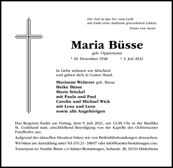 Traueranzeige von Maria Büsse von Hildesheimer Allgemeine Zeitung