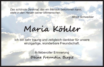 Traueranzeige von Maria Köhler von Hildesheimer Allgemeine Zeitung