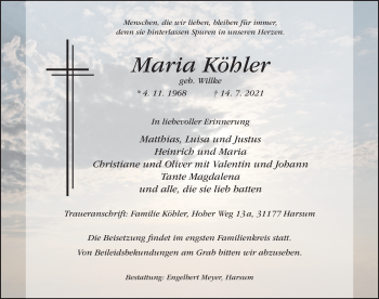 Traueranzeige von Maria Köhler von Hildesheimer Allgemeine Zeitung