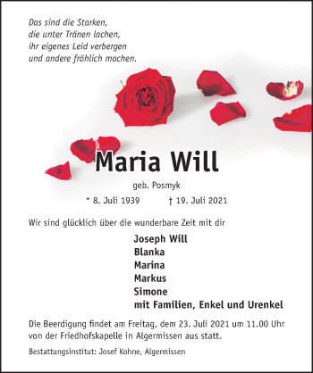 Traueranzeige von Maria Will von Hildesheimer Allgemeine Zeitung