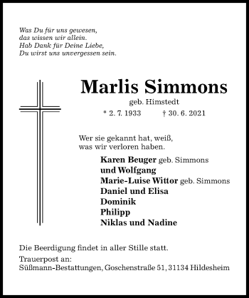 Traueranzeige von Marlis Simmons von Hildesheimer Allgemeine Zeitung