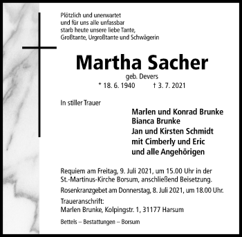 Traueranzeige von Martha Sacher von Hildesheimer Allgemeine Zeitung